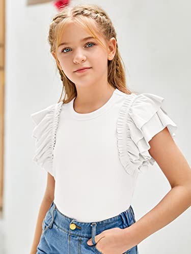 Girls Ruffle Short Sleeve Shirts Mock Neck Ribbed Knit Summer Pullover Tops White #TOP4