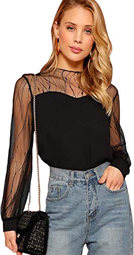 Romwe Women s Elegant Mesh Long Sleeve Sweetheart Neck Casual Chiffon Blouse Top Black Large