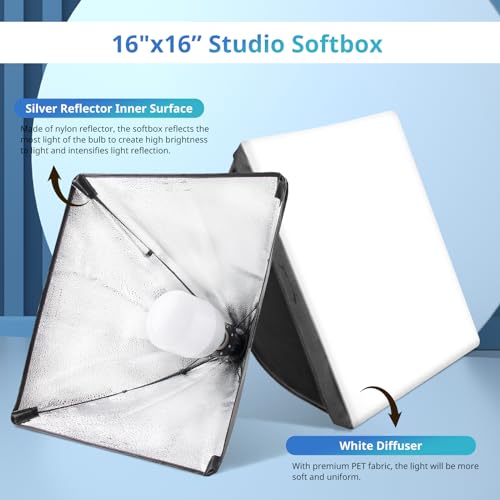 Image of UBeesize Softbox Photography Lighting Kit, 16 inch x 16 inch Continuous Lighting Kit with 40W E27 Socket 6500K Bulb, Professional Photo Studio Lighting for Video Recording, Portrait Shooting