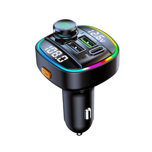 QUMOX Transmetteur FM Bluetooth 5.0 pour Voiture, Adaptateur C22 avec Charge Rapide PD 20W, Affichage de la Tension, Grande Molette de Contrôle, Lecture...