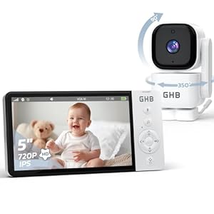 GHB Camara Vigilancia Bebe 5″ Rotación de 350° 720P HD IPS Batería de 5000mAh Visión Nocturna Comunicación Bidireccional VOX Zoom Digital indicador de Temperatura