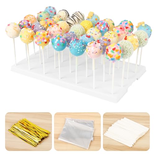 Cake Pop Display Stand Holder - 35 Holes Large Capacity White Lollipop Holder With 100 Pcs Sticks, Treat Bags &Amp; Gold Ties - Complete Cakepop Kit For Dessert Table, Wedding, Birthday Party