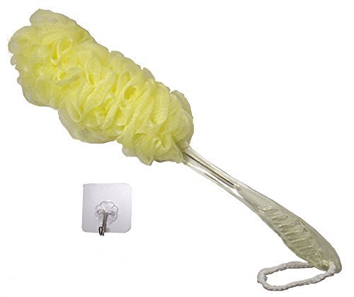 Body Mesh Puff Yellow Crystal Handle Soft Brush Shower Bath Sponge Seniors Elderly Disabled Handicap Patients Pregnant Arthritis Sufferers Grandpa Grandma Grandparents plus an Adhesive Hook (Yellow)