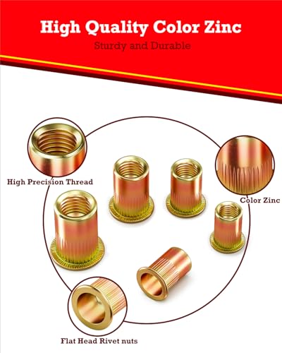 YOOPIN 250 Stück Nietmuttern Kit, Kohlenstoffstahl Farbe Zink Blindnietmuttern Set, Nietmuttern Sortiment M3 M4 M5 M6 M8 M10, Gewindenieten für Bleche, Elektrogeräte und Industrieprodukte