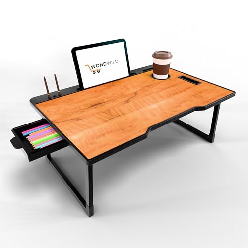 Image of WONDWILD Smart Multipurpose Foldable Laptop Table with Cup Holder, Study Table, Bed Table, Breakfast Table, Foldable and Portable /Ergonomic & Rounded Edges /Non-Slip Legs (ABS Wood)