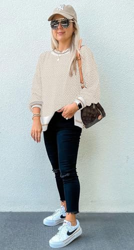Image of Womens Sweaters Causal Crewneck Batwing Sleeve Knit Top Side Split Oversized Pullover Sweater Loose Jumper