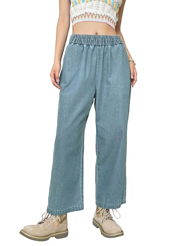Image of Sugathari Girl's & Women's Denim Cotton Elastic Waist Cropped Straight Ankle Length Wide Leg Casual Baggy Jeans for Women, Trousers Pant for Women (Jeans 239)