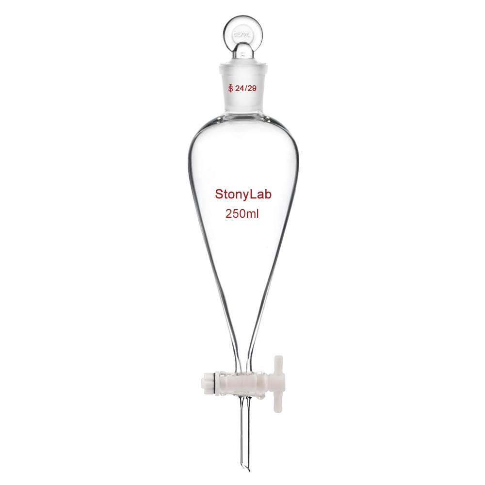 StonyLab PTFE Stopcock Separatory Funnel 250ml, Borosilicate Glass Heavy Wall Conical Pear-Shaped Separation Funnel with 24/29 Joint