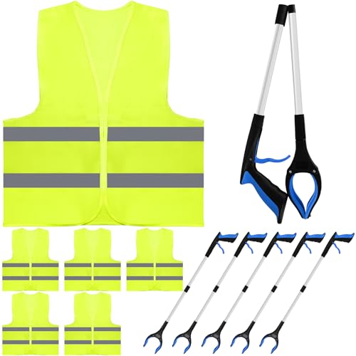 6-Pack Reflective Safety Vest &amp; Grabber Tool Kit Yellow, 32-Inch Reacher Tool, Trash Picker for Litter, Ideal for Construction &amp; Cleaning Teams