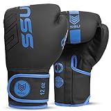 SSU Guantes de boxeo de 12 onzas para boxeo, MMA, saco de boxeo pesado para hombres y mujeres, Muay Thai y Kickboxing, incluye bolsa de transporte (azul)