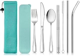 Haware 9 Piece Individual Cutlery Set, Stainless Steel Portable Flatware Set for 1, Including Knife, Fork, Spoon, Chopsticks, Cleaning Brush, Straws, Case & Bag, Portable & Reusable (Green)