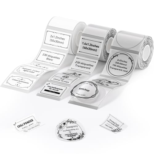 NIIMBOT 3 Rouleaux d'étiquettes Thermiques Autocollantes pour B1/B2/B21/B3S/B31/B4/K3,50x30mm (Blanc),40x30mm(Transparent),50x50mm (Transparent),Texte Noir