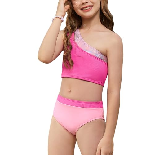 Mirawise Girls Swimsuit One Shoulder Metallic Patchwork Neckline Bathing Suit 2 Piece Bikini