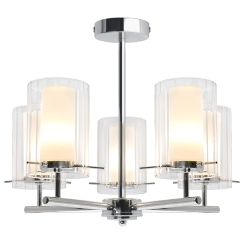 Fixed 5 Lights Chrome Ceiling Light Semi Flush Glass Shade Lantern Chandelier Contemporary K415
