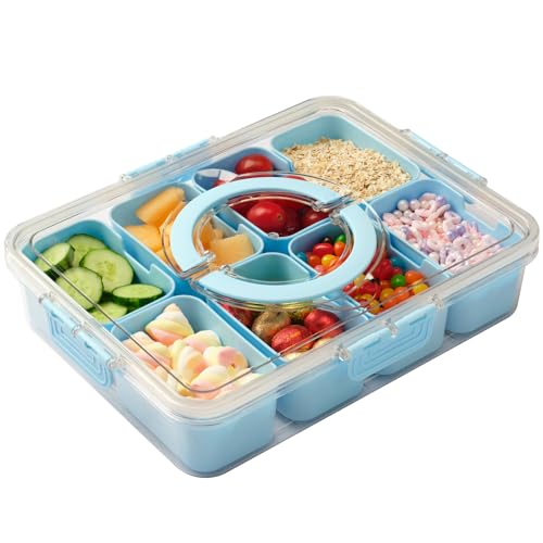 Snackle Box Container,Divided Serving Tray with Lid and Handle,Portable Snack Box Charcuterie Platter,8 Compartments Food Snack Container,Food Storage Organizer for Snacks Fruits Veggies Nut (blue)