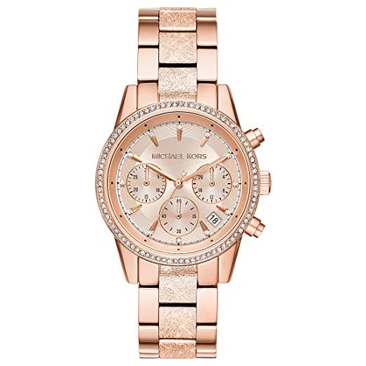 Michael Kors Reloj Ritz para mujer, movimiento cronógrafo de cuarzo, caja de acero inoxidable dorado rosa de 37 mm con correa de acero inoxidable, MK6598