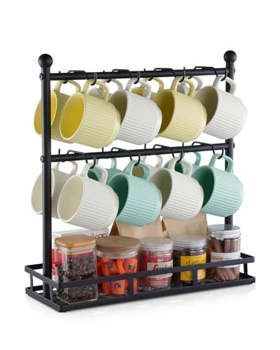 VEVOR Coffee Mug Holder for Countertop, 16 Hooks Coffee Cup Holder with Storage Base, 2 Tier Mugs Tree Rack Carbon Steel Mug Display Stand, for Home Coffee Bar Storage and Display (Matte Black)