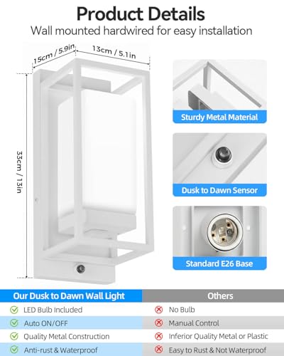 Image of RAYVO Modern Outdoor Wall Light with Dusk to Dawn Sensor, Waterproof Exterior Lighting Fixtures with E26 Base, 3000K LED Bulb Included, Outdoor Sconce Lights for Porch Garage Entryway