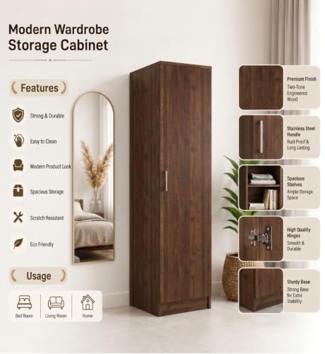Image of Spyder Craft Engineering Woo Wardrobe for Clothes, Single Door Stylish Cupboard for Bedroom, Multi-Utility Design with Multirack Storage, Engineered Wood-Walnut