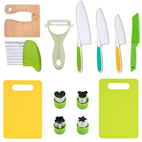 Lot de 13 couteaux de cuisine en bois pour enfants-Couteaux sans danger pour les tout-petits-Couteaux en plastique sans danger pour les tout-petits-Planche à découper-Éplucheur en Y-Emporte-pièces Cover