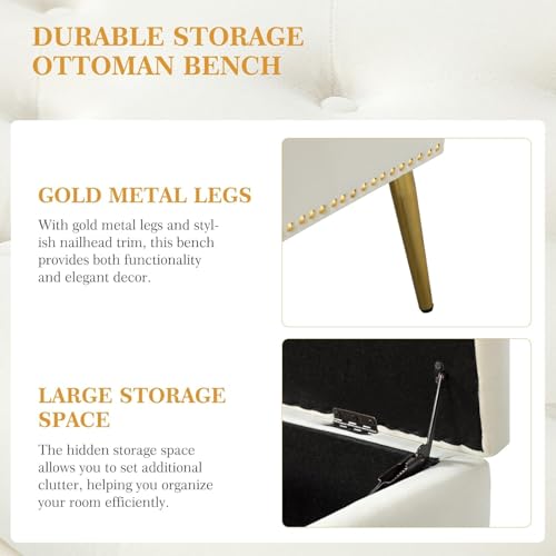 Image of Modern Off White Velvet 2 Seater Storage Bench Ottoman for Bedroom & Living Room | Upholstered Tufted End of Bed Bench with Hidden Storage | Gold Metal Legs