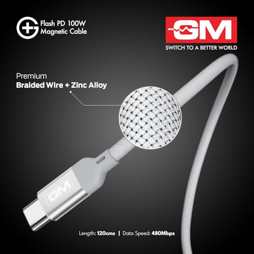 Image of GM G+ Flash PD 100W White Magnetic Cable | Type-C to Type-C |1.2M Length| Premium Braided Copper Wire | Durable & Wear-Resistant for Seamless Charging and Data Transmission