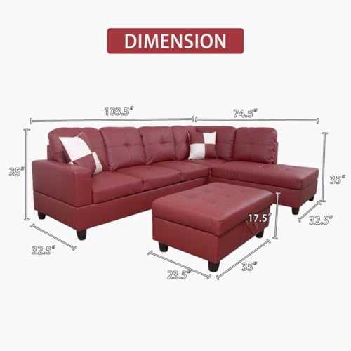 Image of Red L-Shaped 3-Piece Faux Leather Sofa with Storage Ottoman Set, Sectional Couch Leather-Like Sofa Set for Living Room, Office, Small Space