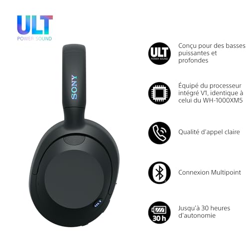 Sony ULT Wear - Casque sans Fil Bluetooth avec ULT Power Sound, Basses Profondes, réduction de Bruit, qualité d'appel Claire, jusqu'à 30 Heures d'autonomie de la Batterie, iOS et Android - Noir