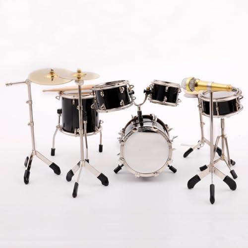 Dselvgvu Miniature Drum Set Mini Musical Instrument Drum Set Kit Replica Collectible Figurines Birthday Gifts Music Home Decoration Display Ornament Model (Black)