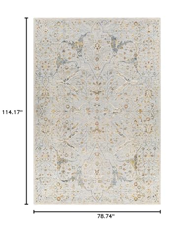 Image of Hauteloom Kunzite Living Room, Bedroom Area Rug - Floral Medallion Border Distressed Leaf - Traditional Oushak Oriental Turkish Transitional - Denim, Light Gray, Cream, Gray, Beige - 6'7 inch x 9'6 inch