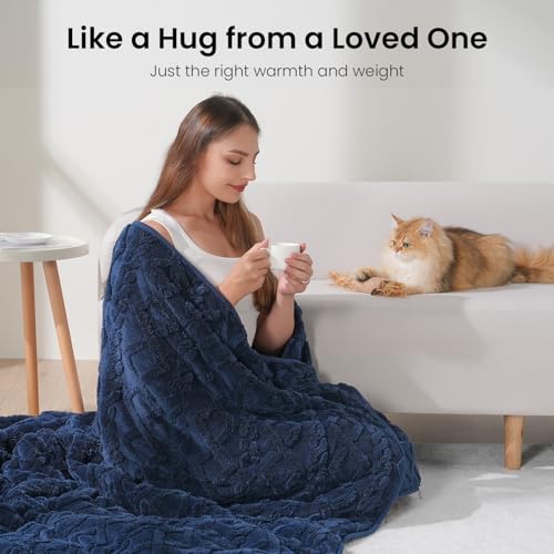 Image of Drewin Weighted Blanket for Adults 20lbs Dual Sided Sherpa Weighted Blankets Posh Jacquard Cozy Warm Weighted Throw Blanket for Sleeping and Calming, Queen Size 60x80 inches, Navy Blue