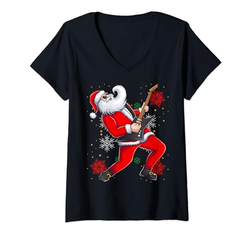 Guitarra Santa Navidad Claus Rock N Roll Ugly Xmas Sweater Camiseta Cuello V