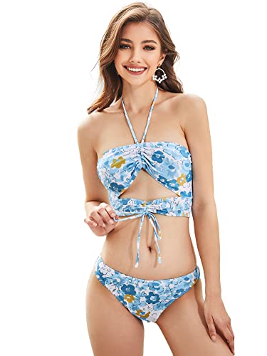 Maillot de bain deux pièces dos nu ajustable avec nœud avant imprimé floral