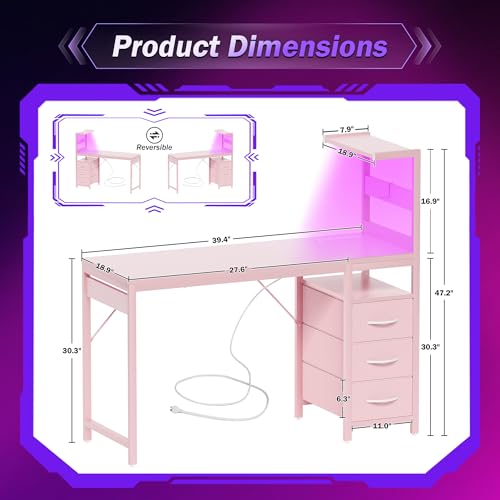 Image of YOUDENOVA 40 Inch Gaming Computer Desk with Led Lights, Small Desk with Storage Shelves and Drawers, Reversible Compact Gamer Table for Home Office, Carbon Fiber Pink