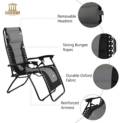 Hera's Palace Outdoor Folding Reclining Lawn Chair, Adjustable Zero Gravity Lounge Chair Xl With Pillow And Cup Holder For Indoor, Patio, Support 300Lbs (Gray & Black) #TOP3