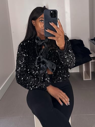 Women's Casual Sequin Jackets Bow Coats Sparkling Holiday Party Y2k Cropped Tops3