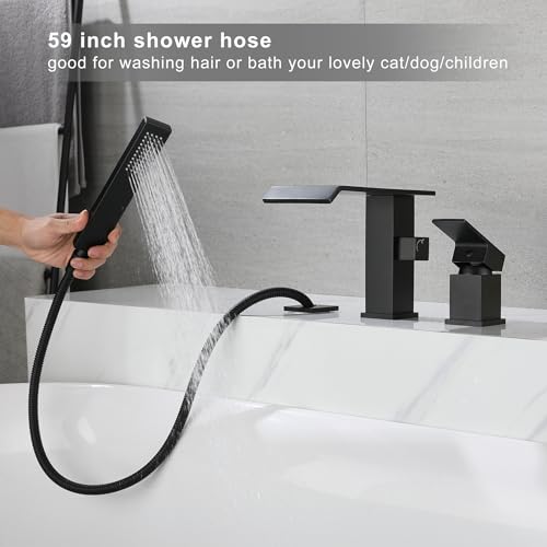 Grifo para bañera romano tipo cascada con ducha de mano, acabado negro mate, montaje sobre superficie, cuerpo de latón macizo, caño largo y alto miniatura 3