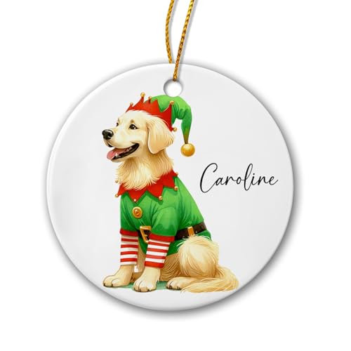 Cute Golden Retriever Dog Christmas Ceramic Ornament, Custom Name Golden