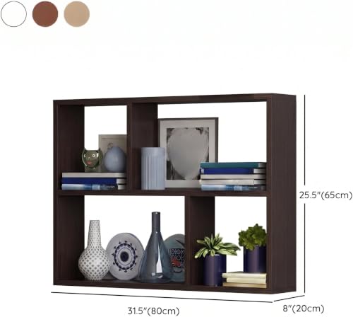 Image of RUNNUP Floating Wall Mount Bookcase Engineered Wood Book Shelf Decor Wall Shelf for Study Room Office Living Room, White 31.5 inch L x 7.9 inch W x 25.6 inch H (Brown)