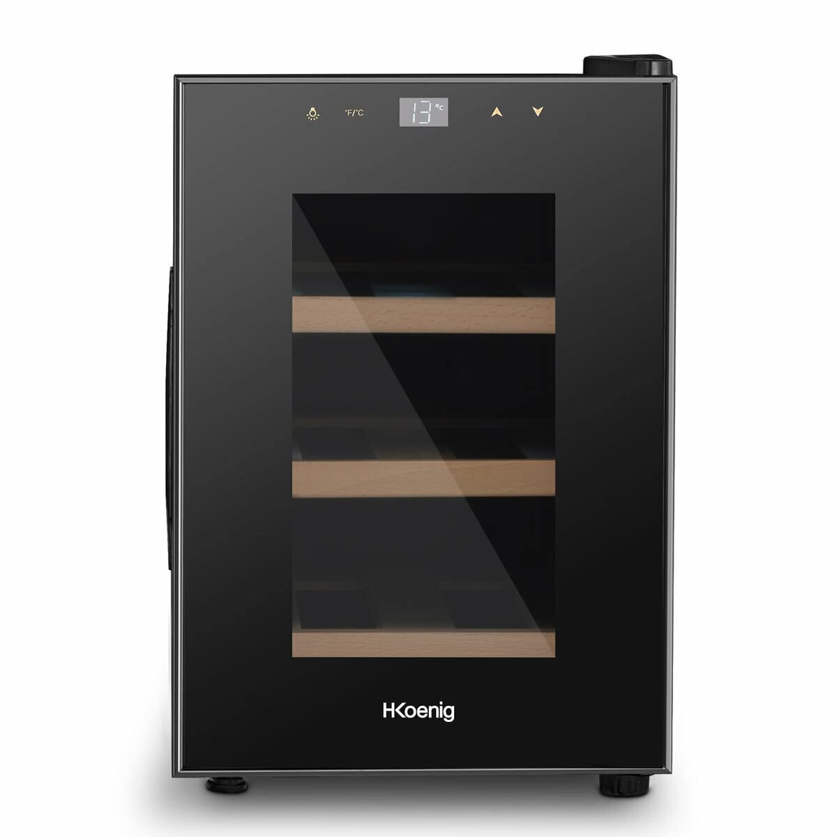 H.Koenig Vinoteca 6 Botellas AGE6, 17 L, Profesional Acero Inoxidable, Refrigerante, Termoeléctrica, Regulable de 8°C a 18°C, Silenciosa, Iluminación Interior, 3 Estantes, Negro