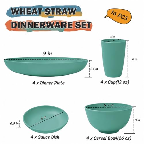 Image of Unbreakable Wheat Straw Dinnerware Set 16 PCS - Kids Plates and Bowls Set for 4,Dishwasher & Microwave Safe Lightweight Toddler Plates and Bowls Set for Party Camping Kitchen - Green