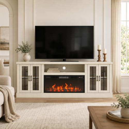 Nordivale 86 Inch Fireplace TV Stand with Storage Cabinets, Farmhouse Entertainment Center with Adjustable Flame Colors, LED Ambient Lighting, 1500W Heater, Thermostat and Remote Control White