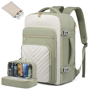 LOVEVOOK Reiserucksack Handgepäck Flugzeug, 40L Rucksack Damen Groß, Wasserdicht Laptop Rucksack 17 Zoll mit Laptopfach, Easyjet Handgepäck 45x36x20 Cabin Bag für Reise Arbeit Wandern, Olivgrün Beige
