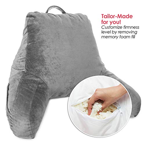 Clara Clark Reading Pillow Adult, Back Pillow For Sitting In Bed - Shredded Memory Foam Reading & Bed Rest Pillow With Arms And Pockets - Bed Pillows For Sitting Up In Bed - Medium, Gray #TOP1