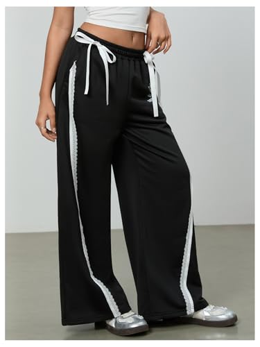Verdusa Women's Bow Lace Y2k Sweatpants Straight Leg Casual Long Pants with Pockets Spring Fall Clothes4