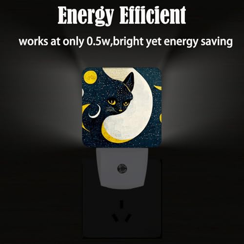 Image of Black Cat Moon Night Light,Plug Into Wall for Boys Girls Bedroom Decorative Square Night Light Lamp 0.5w Sleep Friendly