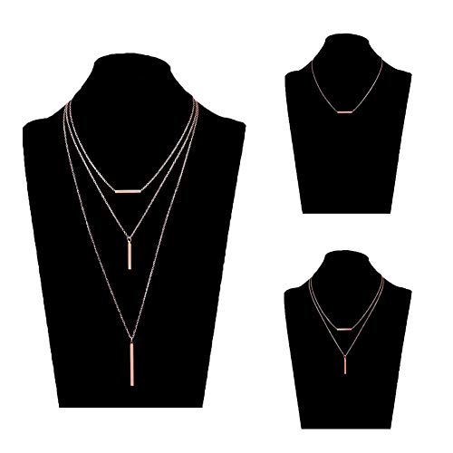 CEALXHENY 3PC Layered Bar Pendant Necklaces Boho Stick Bar Choker Necklace Minimalist Y Necklaces for Women (C Rose Gold)