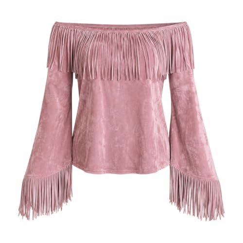 Cowgirl Shirt for Women Off the Shoulder Western Fringe Tops Red - image 5