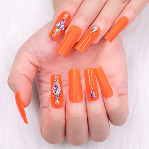 Kikmoya 24Pcs Extra Long Square Press On Nails Orange With Rhinestones Glossy Fake Nails Acrylic Nail Tips False Nails For Women And Girls（F29） #TOP2