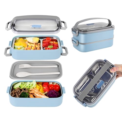 JUBOSYCZ Bento Lunch Box for Kids Women Men, 47oz 2-Compartment Snack Salad Food Prep Pack Container for Lunch, Stainless Steel 2 Layers Stackable Lunch Containers for Adults and Teens Light Blue by JUBOSYCZ - Used condition - US$22.11